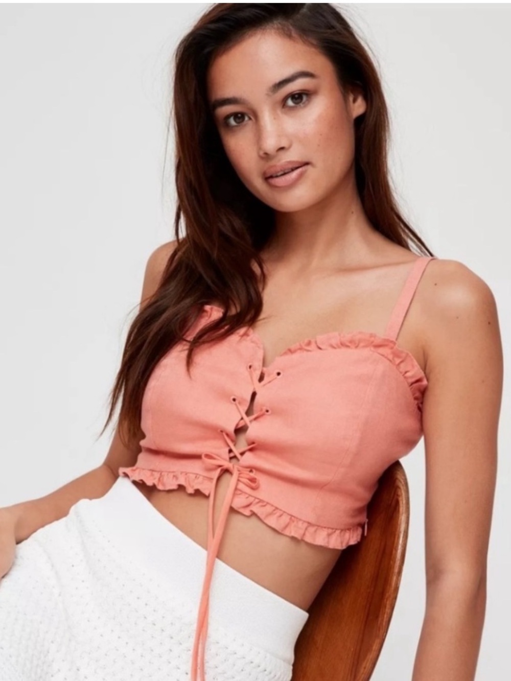 NEW Wilfred 100% Linen Sariah Crop Top Boho Cottagecore Ruffled Corset Coral - Picture 9 of 9